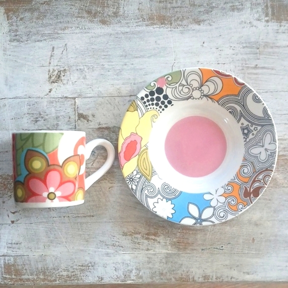 French Bull Jackie Shapiro Espresso Cup Saucer Set Ceramic Multi-color Floral - Picture 2 of 12